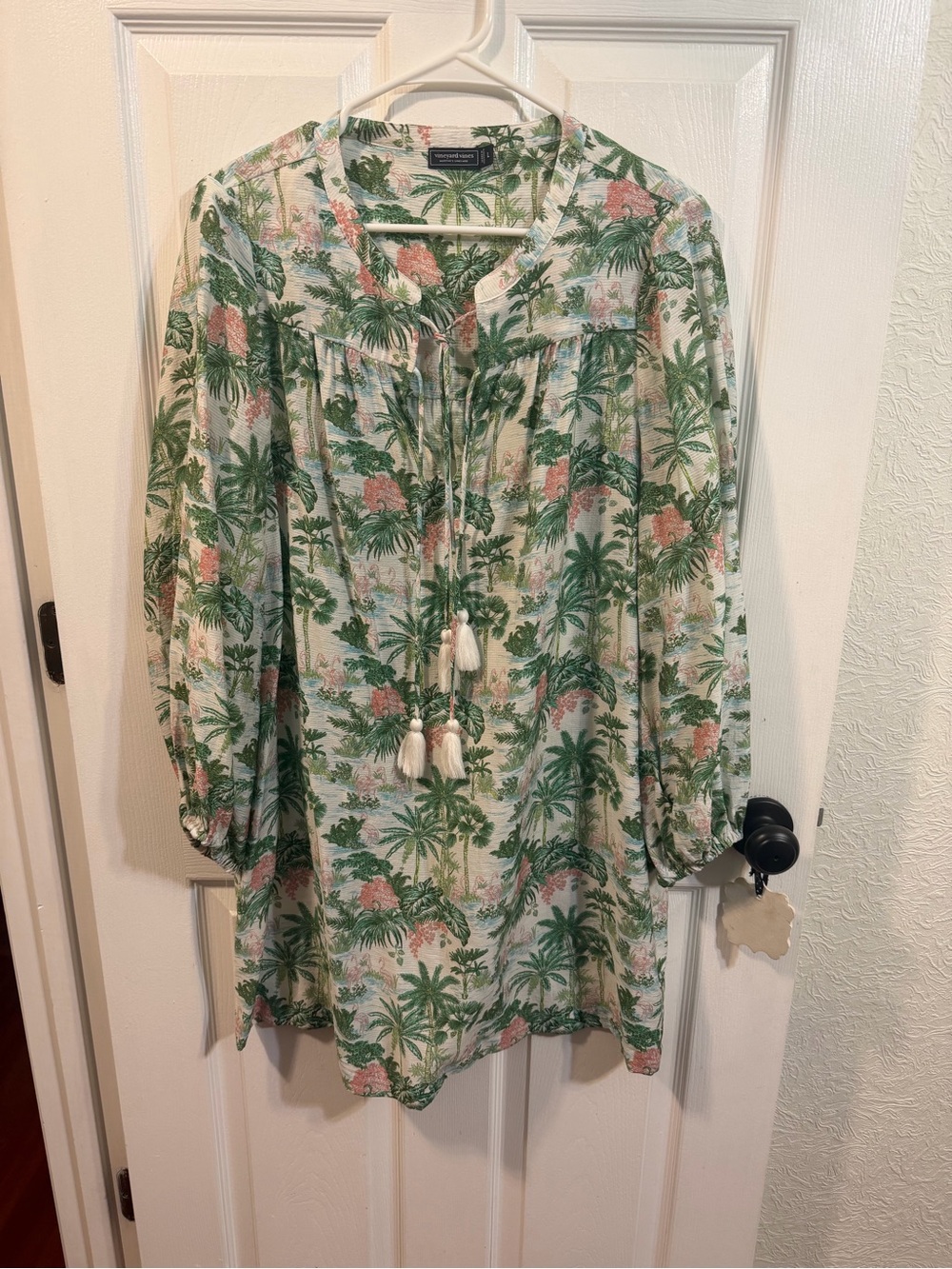 Vineyard Vines Palm Print Tunic in Green & Cream with Pink Accents